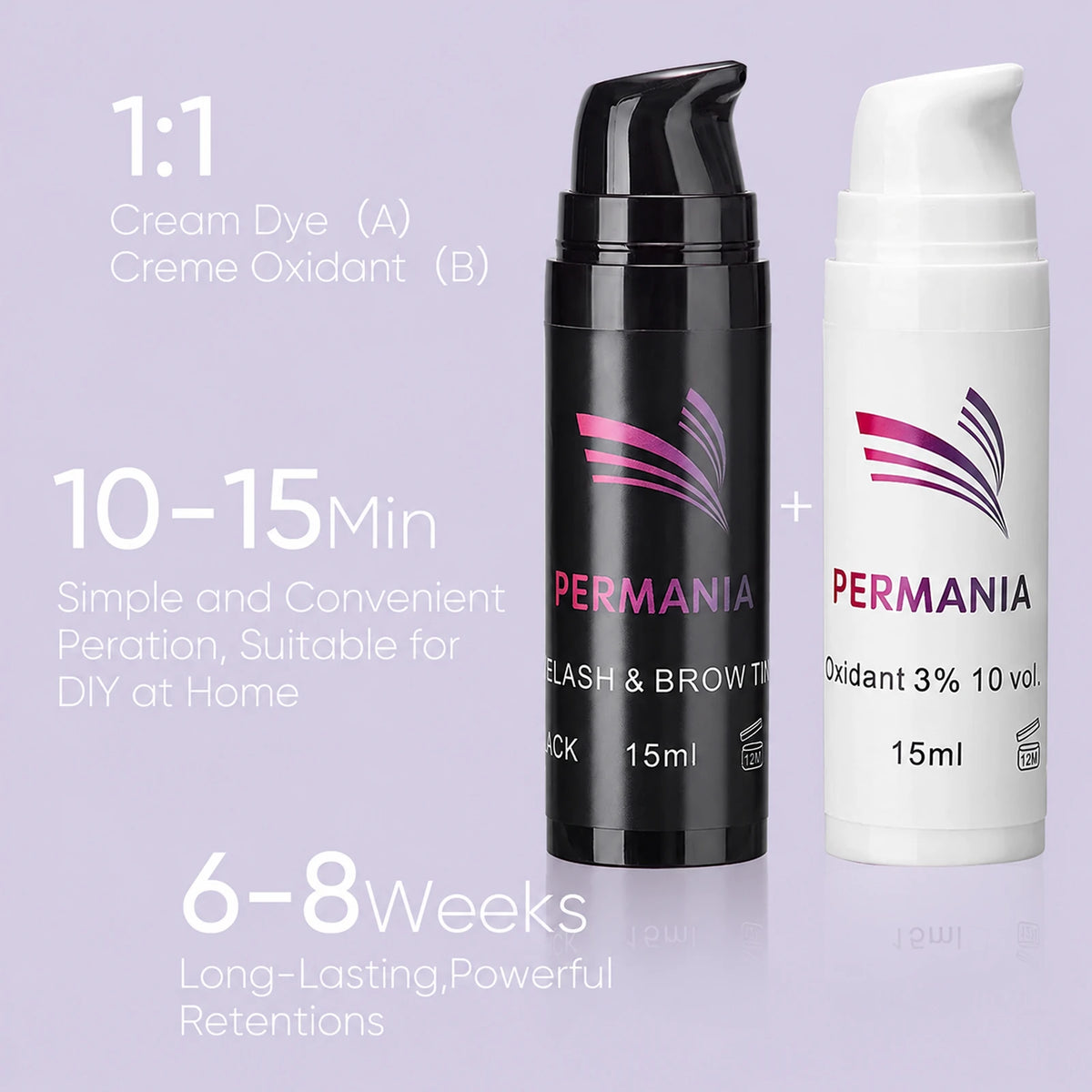 PERMANIA black tint and developer bottles shown with a one-to-one mixing ratio and suggested processing time.