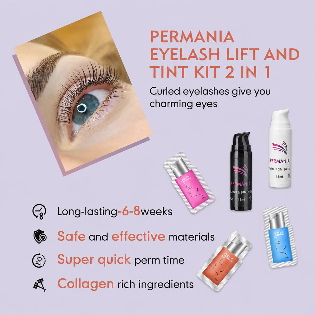 Feature graphic showing a lifted eyelash close-up beside PERMANIA tint products and single-use treatment sachets.