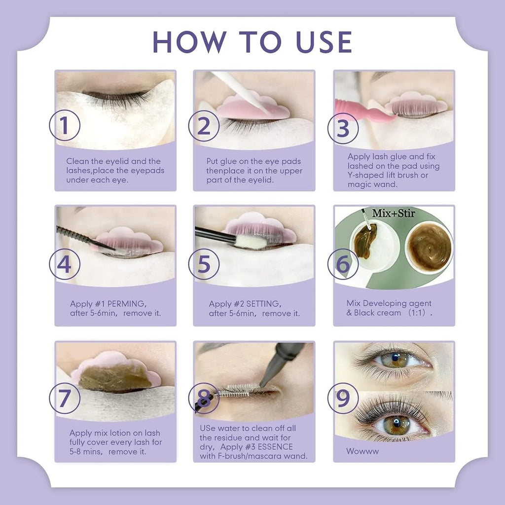 Nine-step lash lift instruction graphic showing eye preparation, pad placement, glue application, perming, setting, tint mixing and finishing steps.