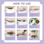 Nine-step lash lift instruction graphic showing eye preparation, pad placement, glue application, perming, setting, tint mixing and finishing steps.