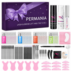 PERMANIA lash and brow lift and tint kit displayed with the gift box, tint products, lifting glue, sachets, silicone pads, brushes and applicators.