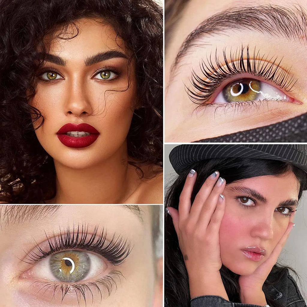 Beauty collage showing close-up examples of lifted eyelashes and styled brows on several models.