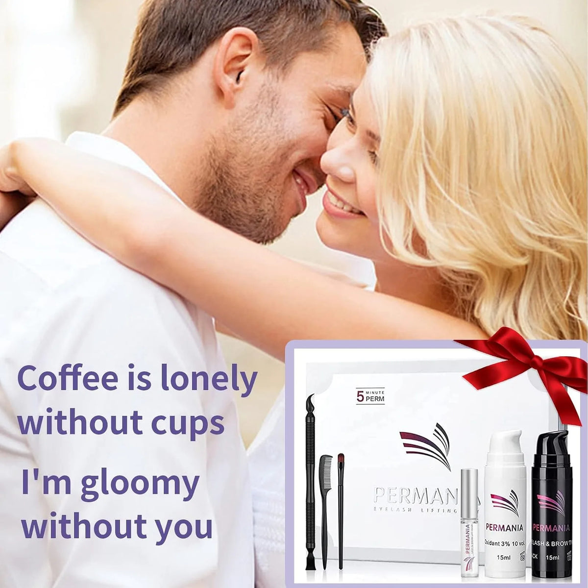 Lifestyle image of a smiling couple with an inset showing the PERMANIA lash and brow lift and tint kit.
