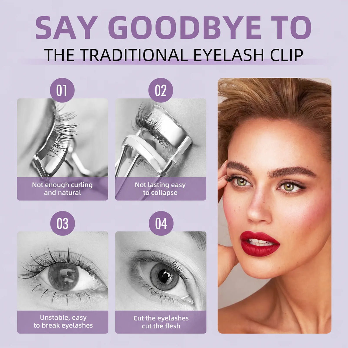 Comparison graphic explaining the drawbacks of a traditional eyelash curler with four example photos and a model portrait.