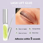 PERMANIA lash lift glue bottle shown with a close-up of lashes attached to a lift pad and feature notes about texture and drying speed.