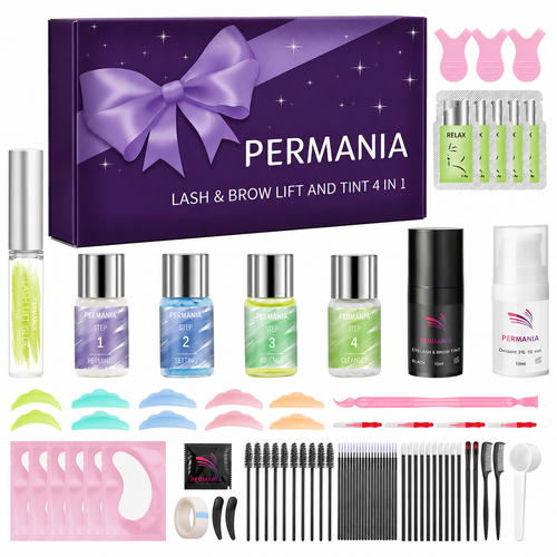 PERMANIA lash and brow lift and tint kit displayed with the gift-style box, treatment bottles, tint products, tools and accessories on a white background.
