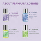 PERMANIA lash lift glue bottle shown with a close-up of lashes attached to a lift pad and feature notes about texture and drying speed.