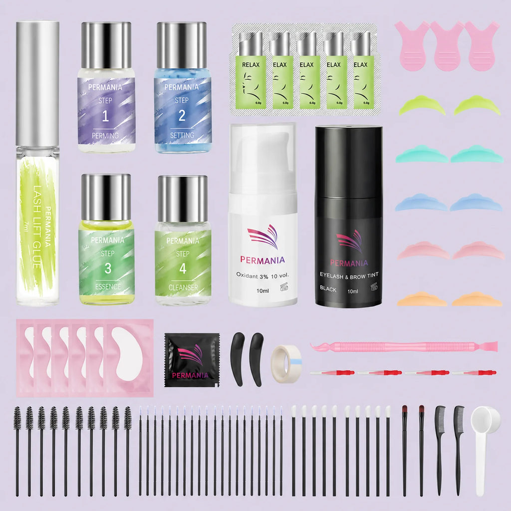 Before and after collage showing black tint results on lashes and brows, alongside the tint bottle, developer bottle and mixing guidance.