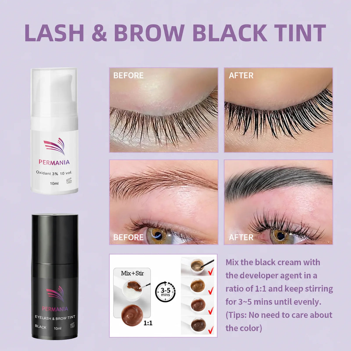 Before and after collage showing black tint results on lashes and brows, alongside the tint bottle, developer bottle and mixing guidance.
