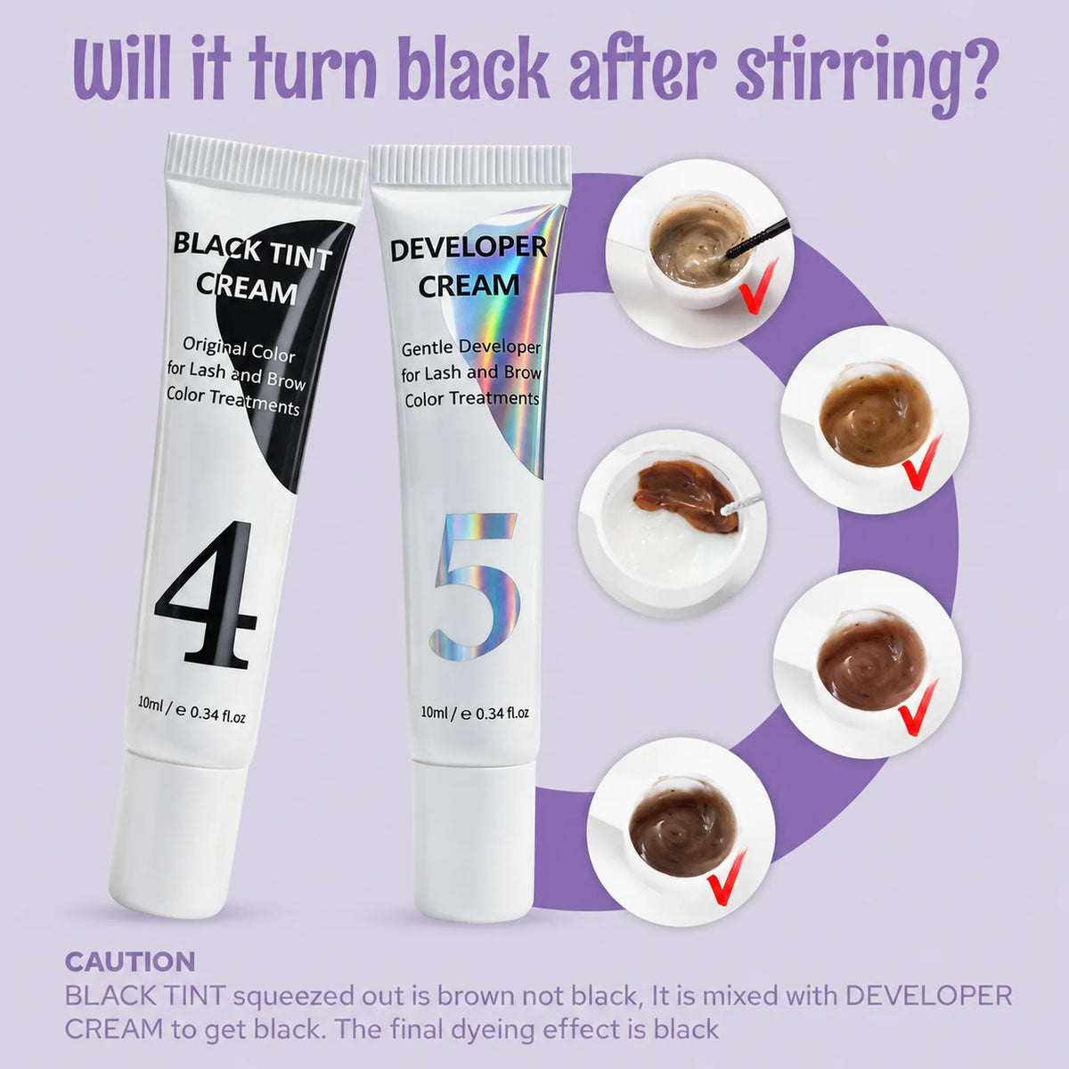 PERMANIA black tint cream and developer cream shown with mixed tint samples illustrating the color after blending.