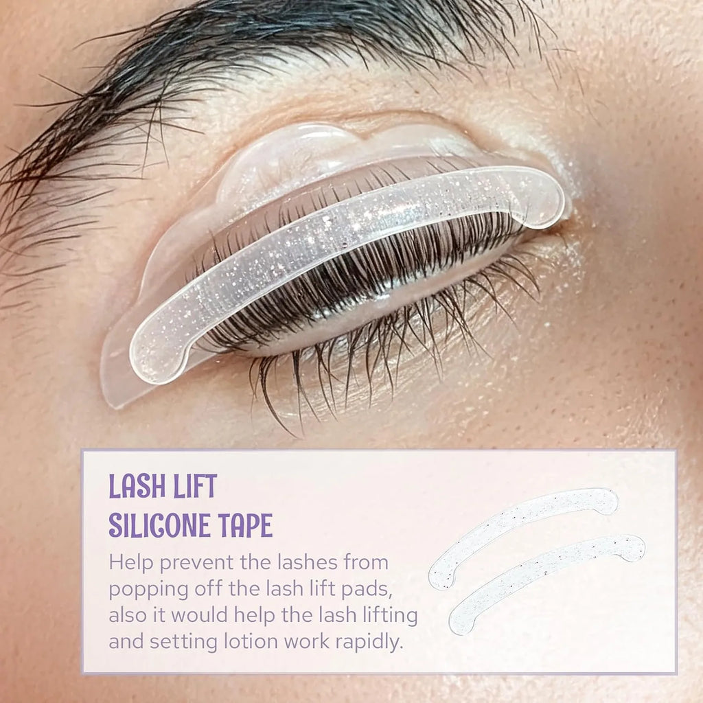 Close-up of silicone lash lift tape placed over an eyelid to help hold lashes against the lift pad.
