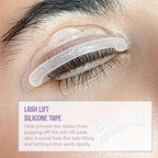 Close-up of silicone lash lift tape placed over an eyelid to help hold lashes against the lift pad.
