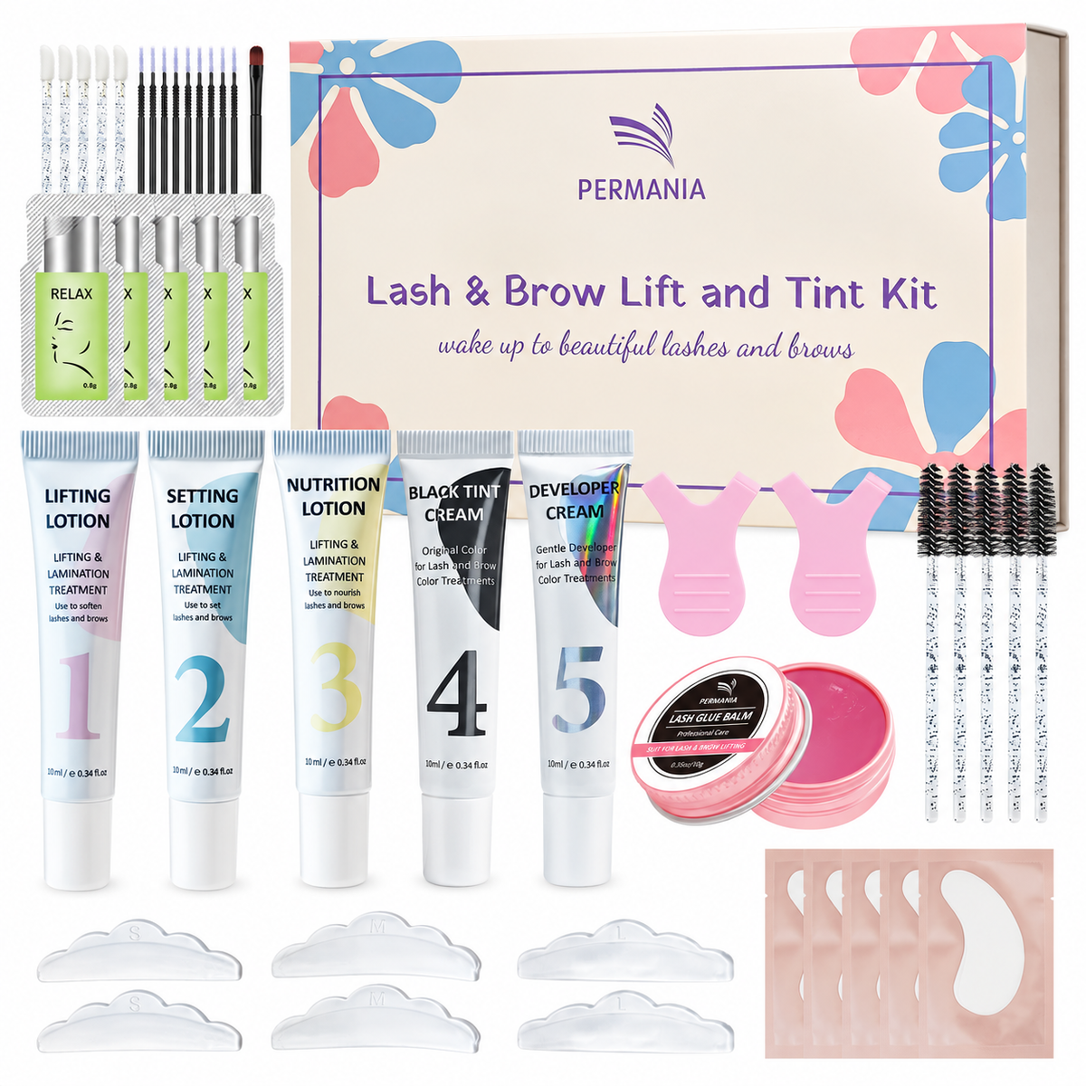 PERMANIA lash and brow lift and tint kit displayed with treatment tubes, tint products, silicone pads, brushes and applicators.