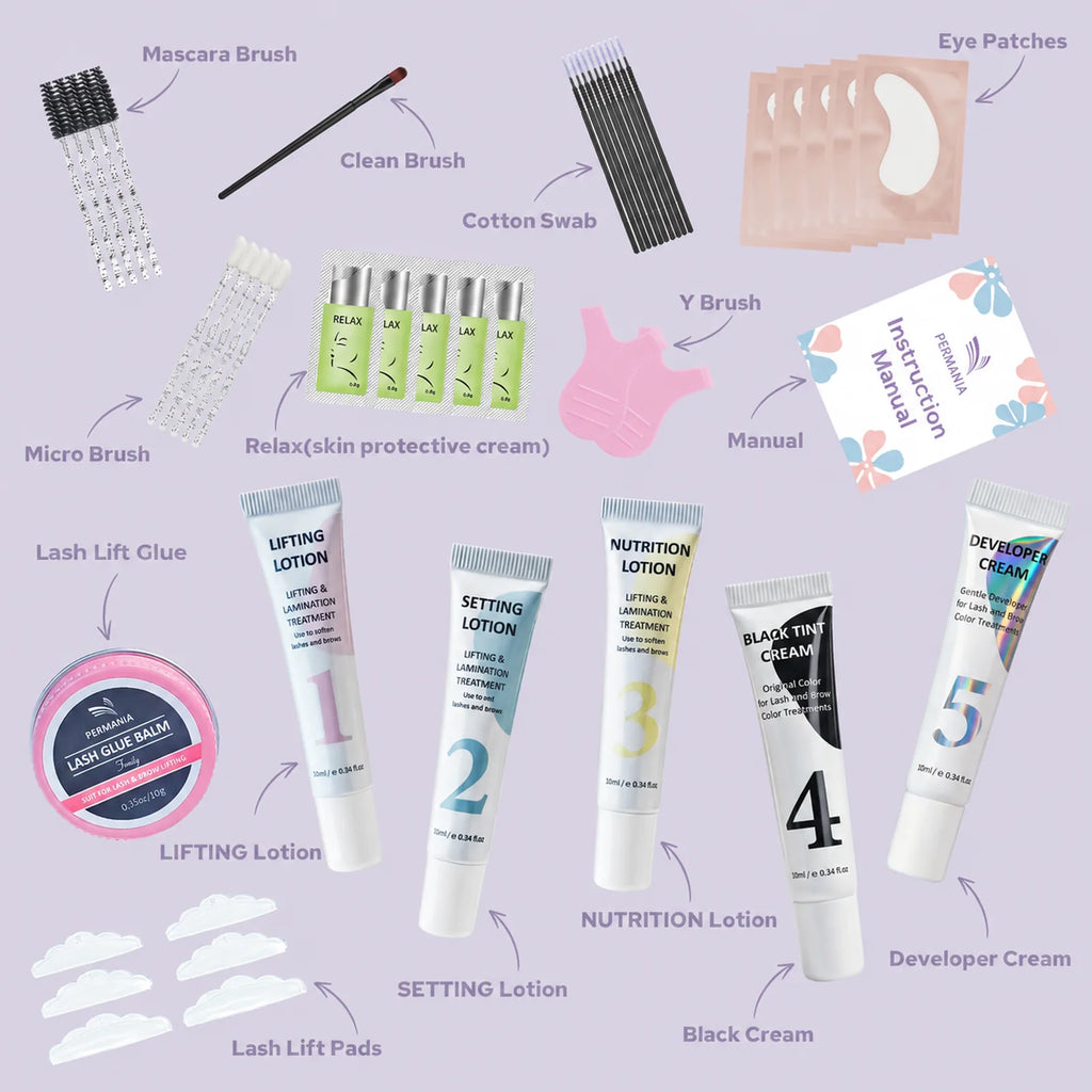 Complete PERMANIA lash lift and tint kit contents labeled, including treatment tubes, tint, developer, pads, brushes, eye patches and tools.