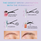Four-step brow lamination guide showing shaping with glue balm, softening, setting and nourishing, with before and after brows.