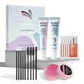 PERMANIA brow lamination kit displayed with lifting and setting lotions, essence sachets, glue balm, brushes and applicators.