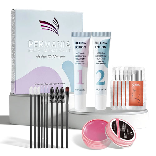 PERMANIA brow lamination kit displayed with lifting and setting lotions, essence sachets, glue balm, brushes and applicators.