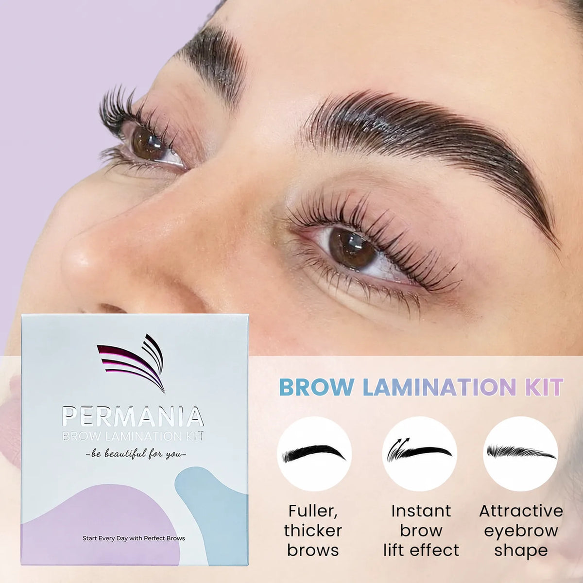 Close-up of laminated brows and lifted lashes beside the PERMANIA brow lamination kit box and brow styling benefit icons.