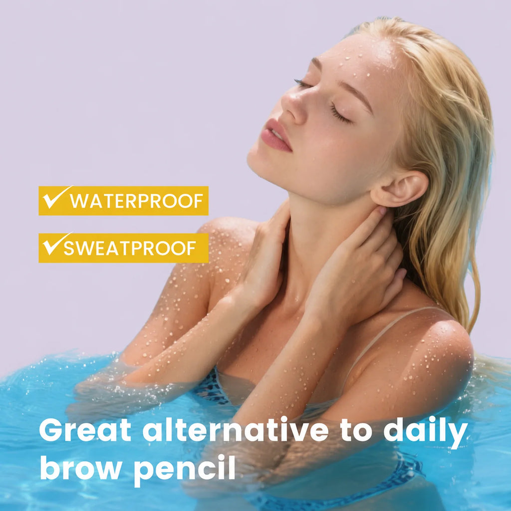 Lifestyle image of a woman in water with waterproof and sweatproof claims for laminated brows.
