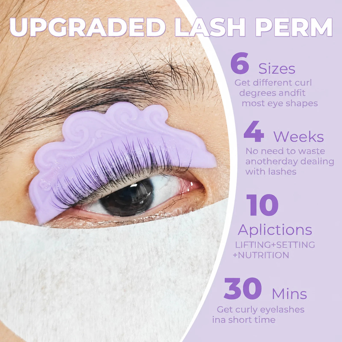 Open-eye lash lift application with a purple silicone shield beside details for six sizes, four-week results, ten applications and a 30-minute routine.