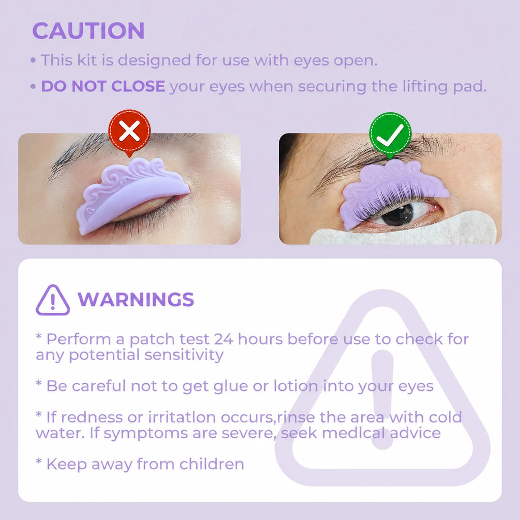 Eyes-open lash lift safety guide showing correct shield placement and warnings about patch testing, eye contact, irritation and children.