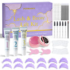 Complete PERMANIA eyes-open lash and brow lift kit with product box, three lotion tubes, glue balm, silicone shields, brushes, eye pads and tools on a white background.
