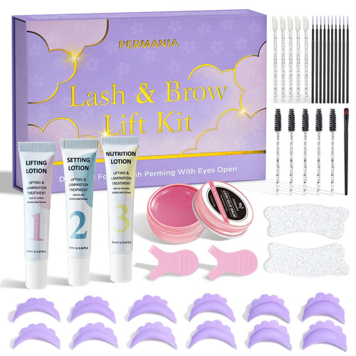 Complete PERMANIA eyes-open lash and brow lift kit with product box, three lotion tubes, glue balm, silicone shields, brushes, eye pads and tools on a white background.