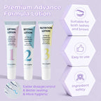 PERMANIA lifting, setting and nutrition lotion tubes with notes about lash and brow use, dosage control, sealing and ingredient safety.