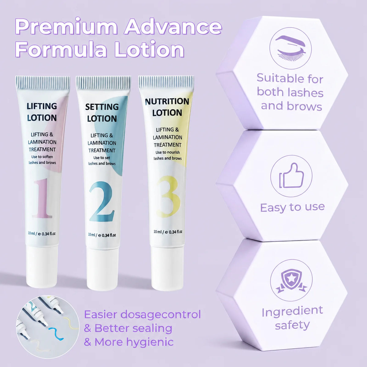 PERMANIA lifting, setting and nutrition lotion tubes with notes about lash and brow use, dosage control, sealing and ingredient safety.