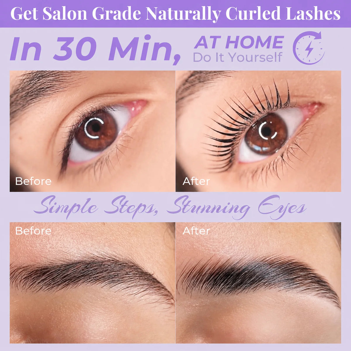 Before-and-after close-ups showing curled lashes and neatly shaped brows after using the PERMANIA lash and brow lift kit.