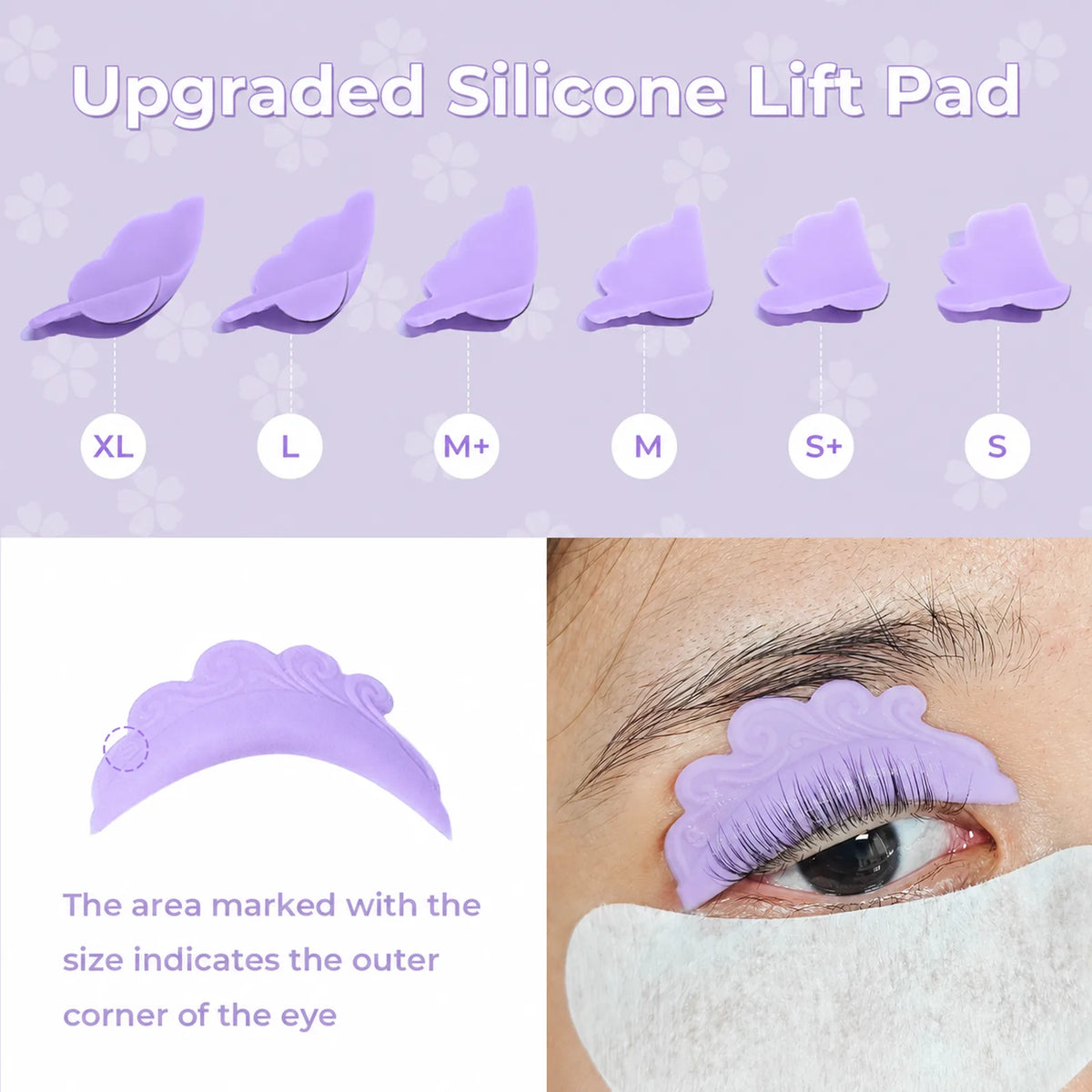 Six purple silicone lash lift pad sizes from S to XL with placement marking and an open-eye application example.
