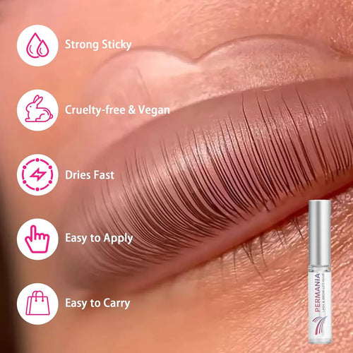 Close-up of lashes attached to a lift pad with a feature list for the lash lift glue, including strong hold, fast drying and easy application.