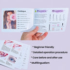Instruction manual pages shown in hand with highlights for beginner-friendly guidance, operation steps, aftercare and multilingual instructions.
