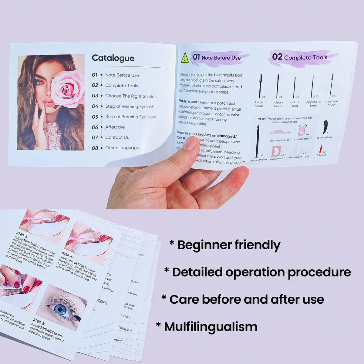 Instruction manual pages shown in hand with highlights for beginner-friendly guidance, operation steps, aftercare and multilingual instructions.
