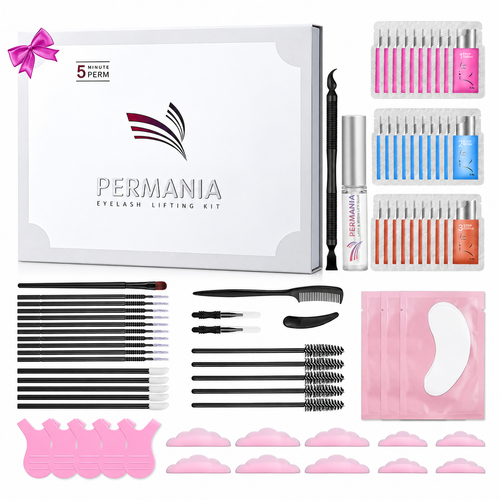 PERMANIA eyelash lifting kit displayed with the storage box, lifting glue, sachets, tools, eye patches and silicone lift pads on a white background.