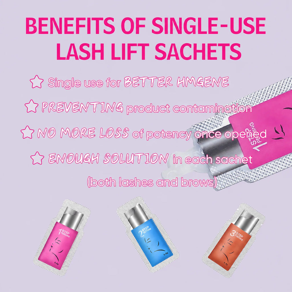 Graphic describing the benefits of single-use lash lift sachets, including hygiene, contamination prevention and enough solution for lashes and brows.