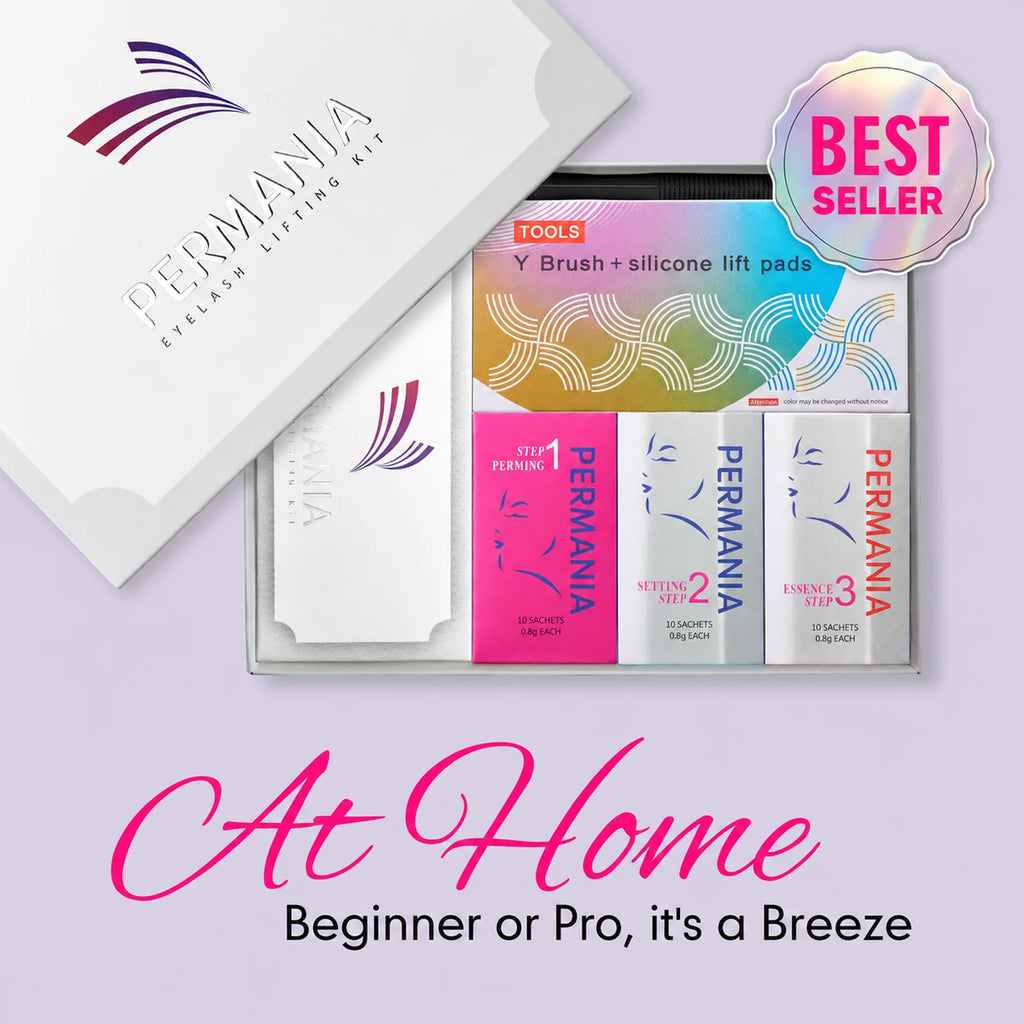 PERMANIA lash lifting kit packaging opened to show the boxed sachets and tool tray, with text promoting at-home use for beginners and professionals.