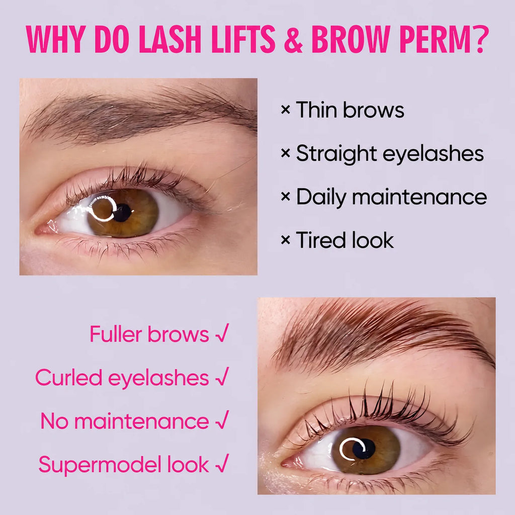 Before-and-after style graphic explaining lash lift and brow perm benefits with eye close-ups and text about fuller brows and curled lashes.