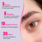 Product benefits graphic showing five lift pad sizes, up to six weeks of results, ten applications and a thirty minute treatment time beside a close-up eye.