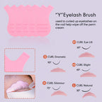 Guide to the Y brush and silicone lift pad curl options, showing different pad sizes and curl angles from dramatic to natural.