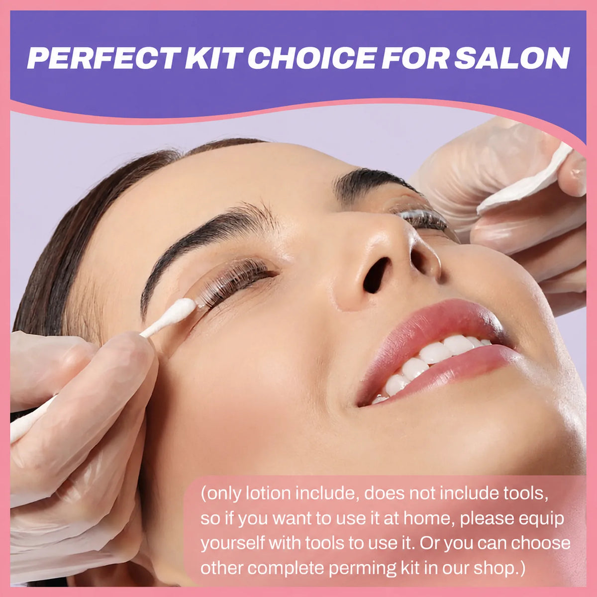 Lash lift treatment being applied to a client with cotton swabs in a salon setting.