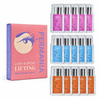 PERMANIA lash and brow lifting lotion box with five perming sachets, five setting sachets and five essence sachets on a white background.