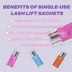 Single-use PERMANIA lash lift sachets with notes about hygiene, contamination prevention, freshness and the amount in each sachet.