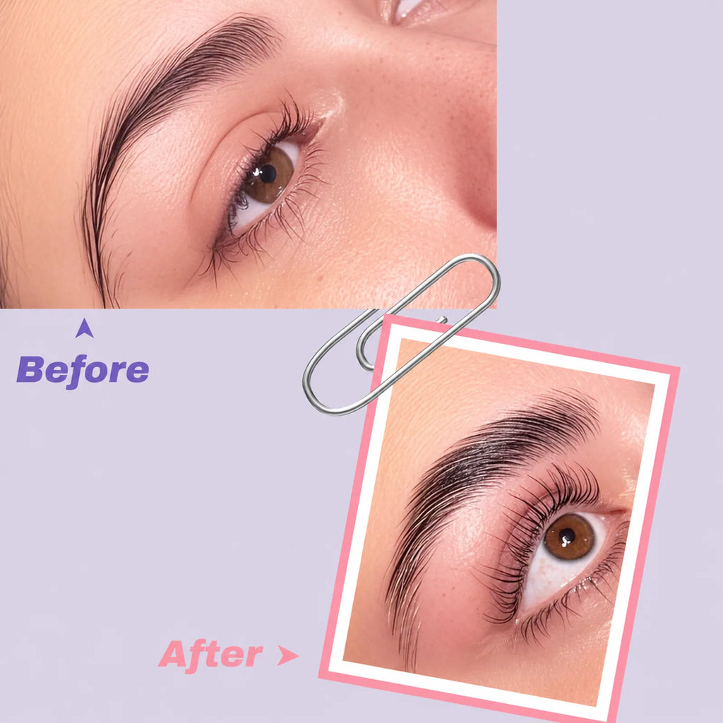Before-and-after close-up showing eyelashes with a more lifted and curled appearance after treatment.
