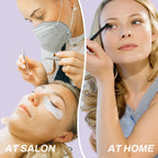 Split image showing lash lifting lotion use in a salon and at home.