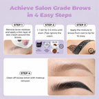 Four-step brow tint guide showing skin preparation, tint and developer mixing, brow application and the finished black brow result.