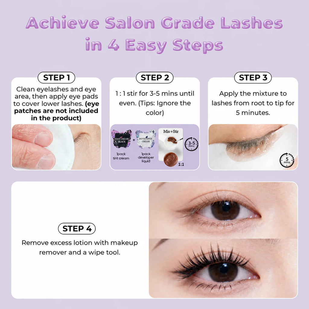 Four-step lash tint guide showing eye-pad placement, tint and developer mixing, lash application and the finished black lash result.