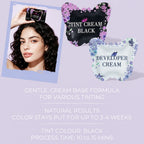 Model holding the PERMANIA tint kit beside black tint and developer sachets with formula, shade and processing-time details.