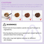 Tint mixing color stages with patch-test, eye-safety and skin-shade warning information for the black tint kit.