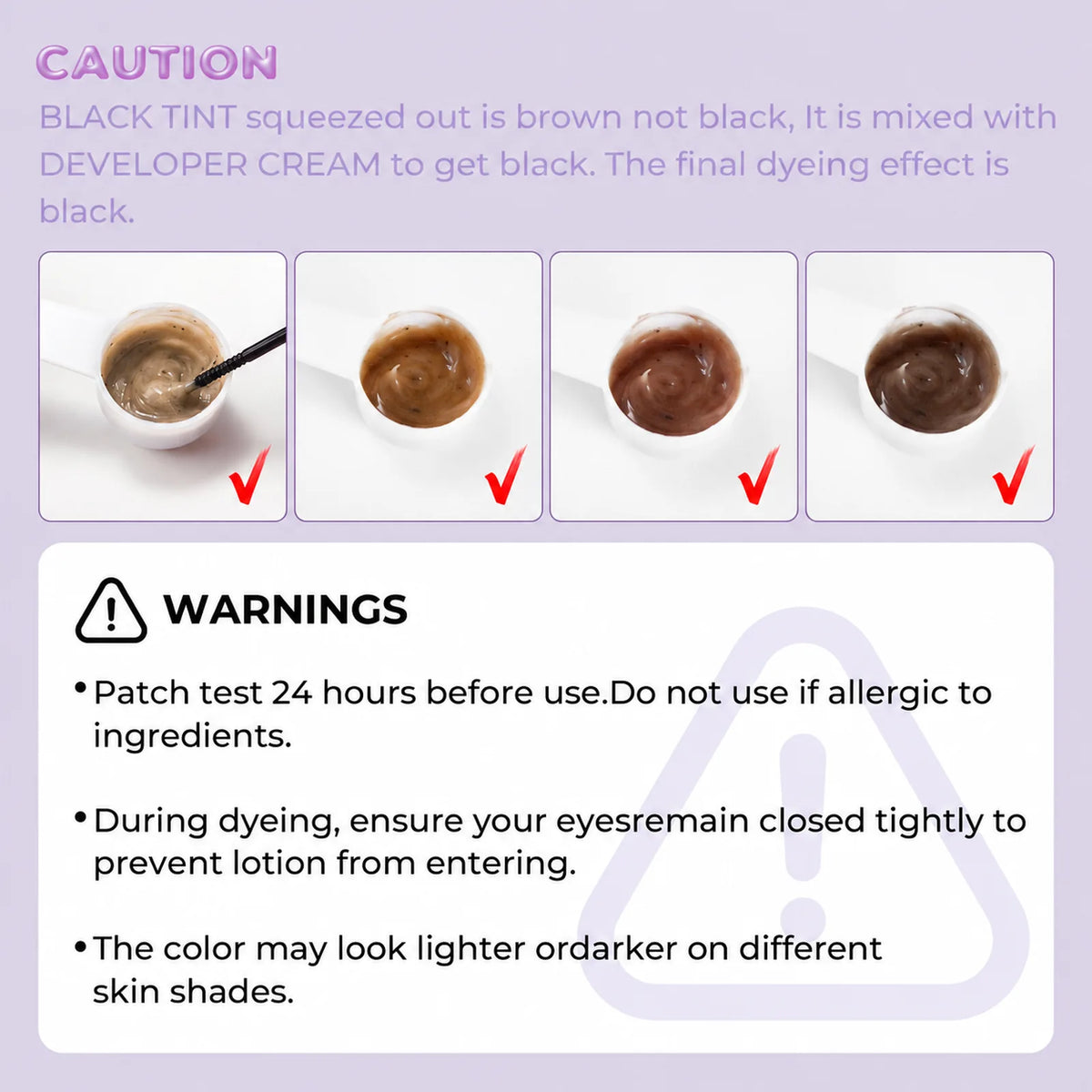 Tint mixing color stages with patch-test, eye-safety and skin-shade warning information for the black tint kit.